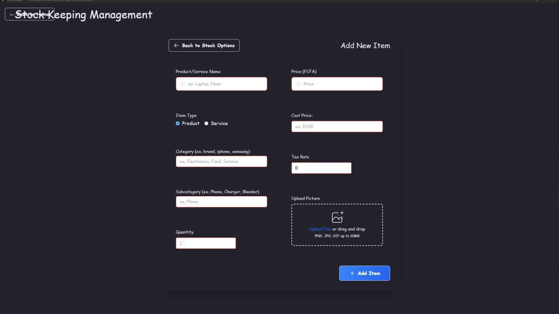New Item Entry Form